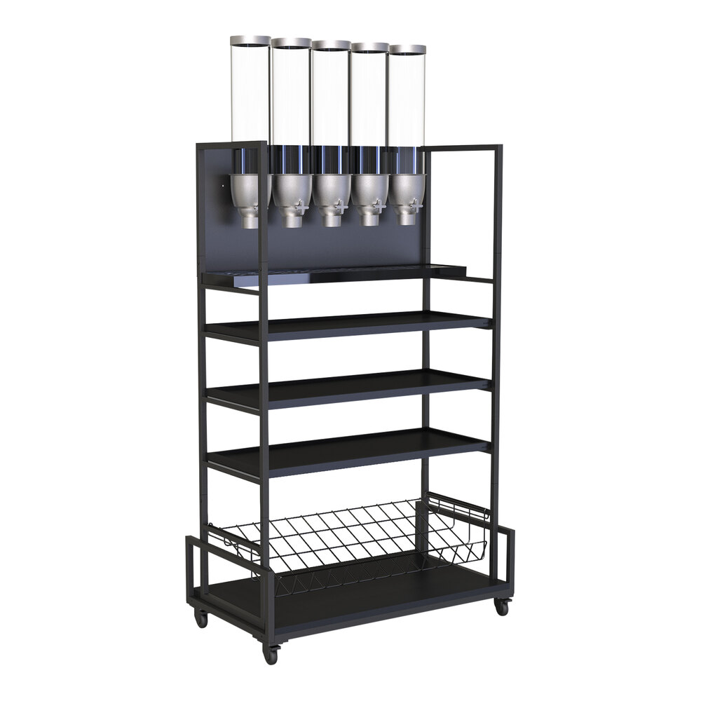 Rosseto Modulite 36" x 20" x 73" Black Shelving Cart with 3 Black Bamboo Shelves, Wire Shelf, and 5 Dispensers MC-EZS52