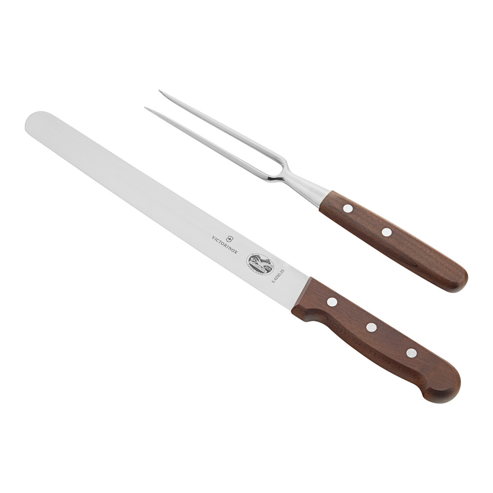 Victorinox 40199 10" Two-Tine Fork and Victorinox 47143 10" Knife Slicer with Wood Handle - Two Piece Set