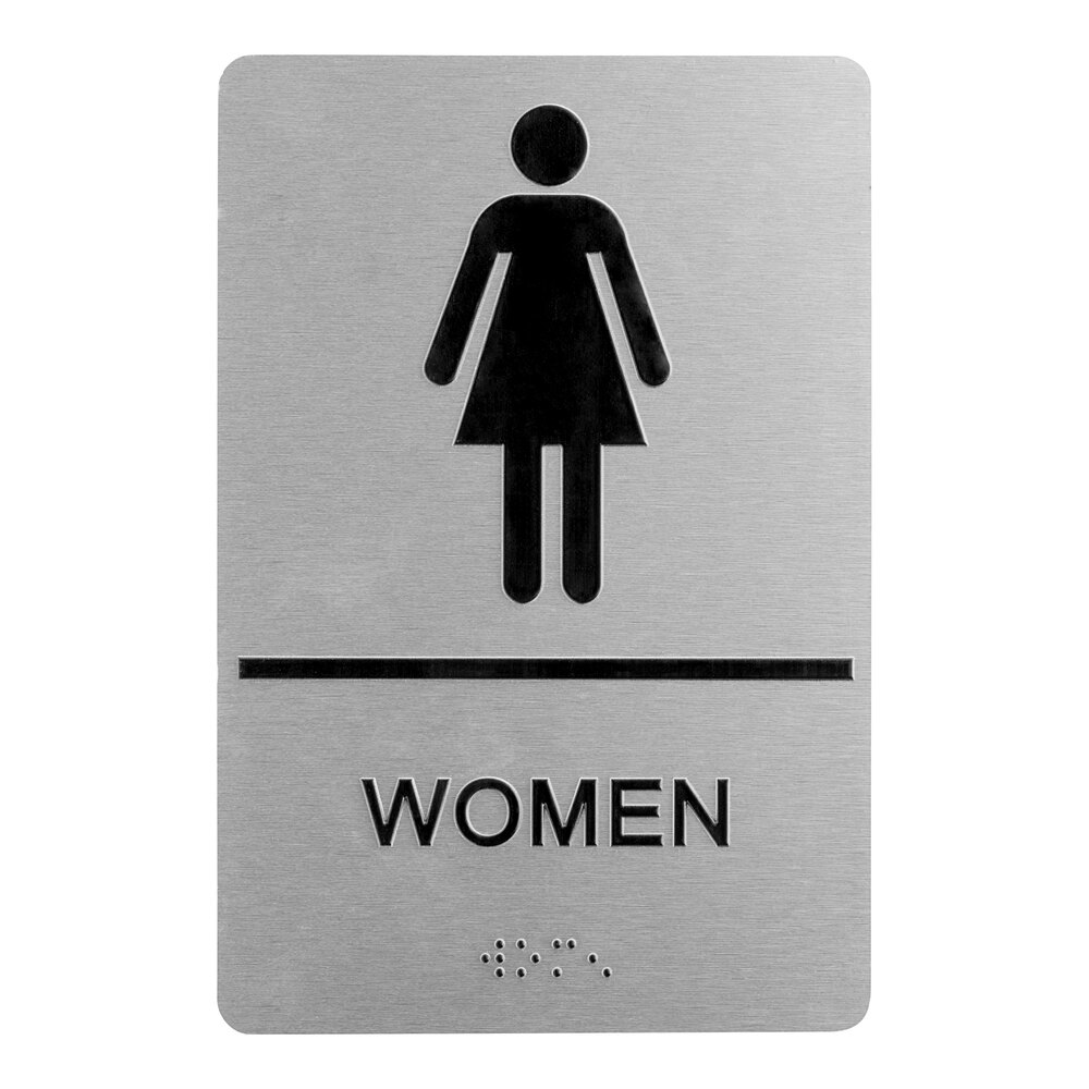 Lavex 9" x 6" Black / Silver Aluminum Composite Material Women's Restroom Sign with Braille