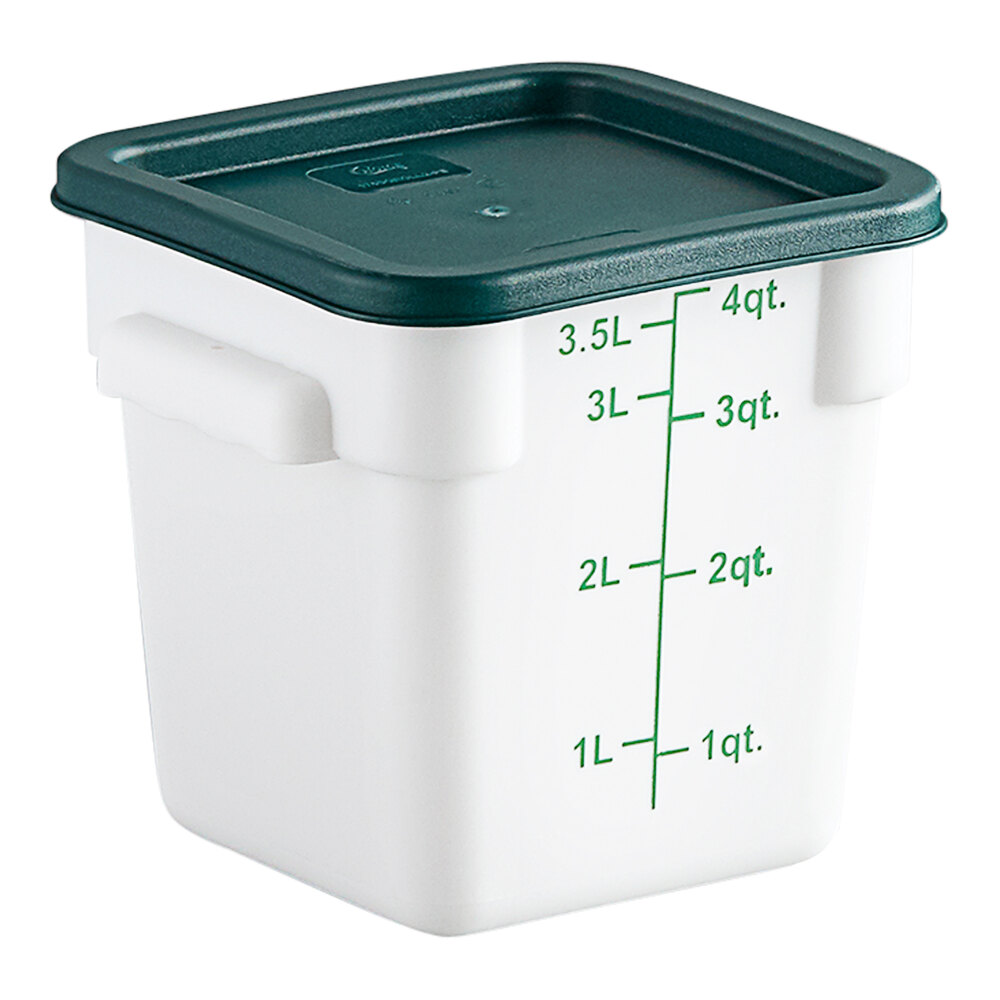 Choice 4 Qt. White Square Polypropylene Food Storage Container and Green Lid - 6/Pack
