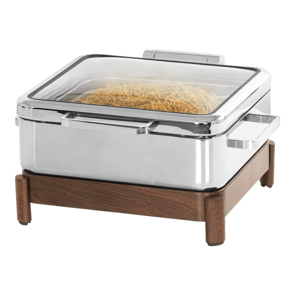 Cal-Mil 6 Qt. Full Size Chafer with Induction Unit, Soft-Close Lid, and Walnut Wood Stand 23719-78