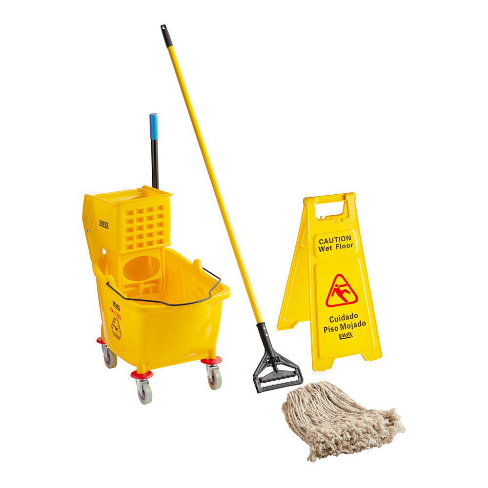 Lavex Wet Mop Kit with 35 Qt. Yellow Mop Bucket, Wet Floor Sign, Handle, and 12 Mop Heads