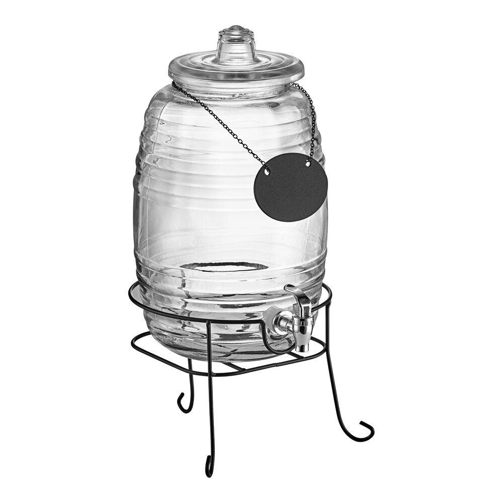 Acopa 2.5 Gallon Barrel Glass Beverage Dispenser with Chalkboard Sign and Black Stand
