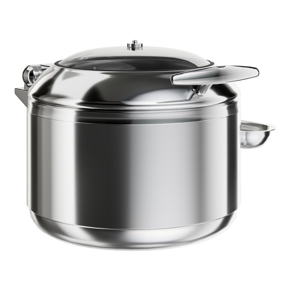 Acopa Voyage 11 Qt. Round Stainless Steel Induction Soup Chafer with Glass Top and Soft-Close Lid