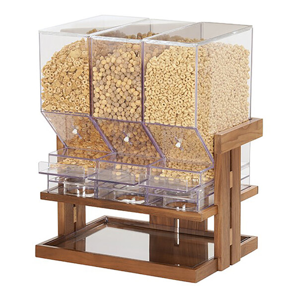 Cal-Mil Sydney 18 Liter Walnut Wood Triple Canister Pull and Serve Cereal Dispenser 23738-3-78