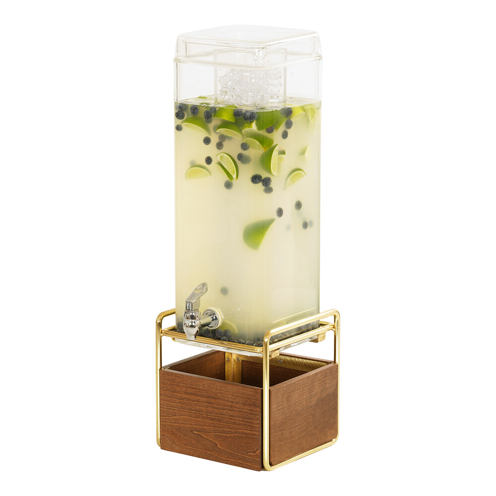 Cal-Mil 3703-3-46 Mid-Century 3 Gallon Square Beverage Dispenser with Walnut and Brass Base and Ice Chamber