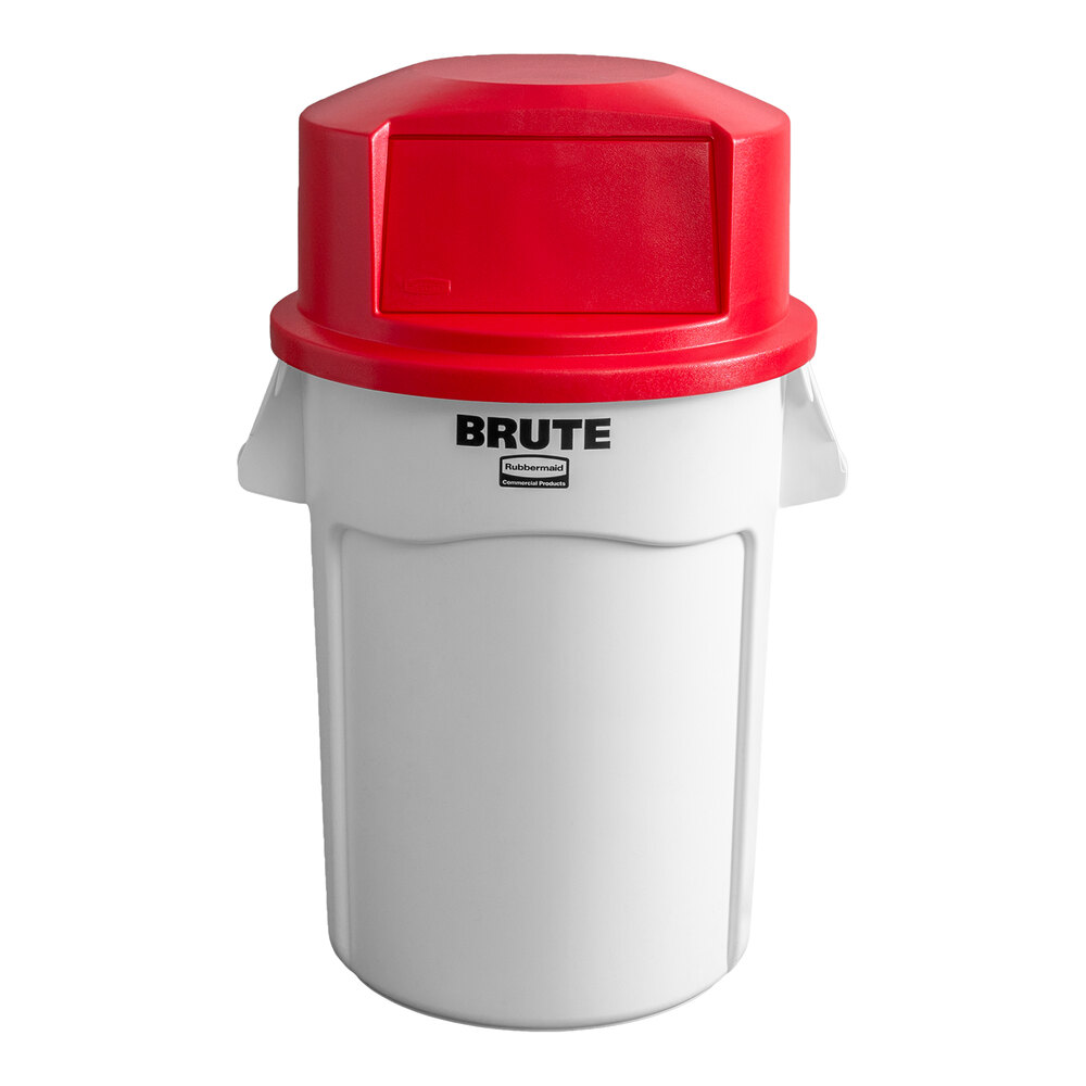 Rubbermaid® BRUTE 32 Gallon White Round Trash Can and Red Dome Top Lid