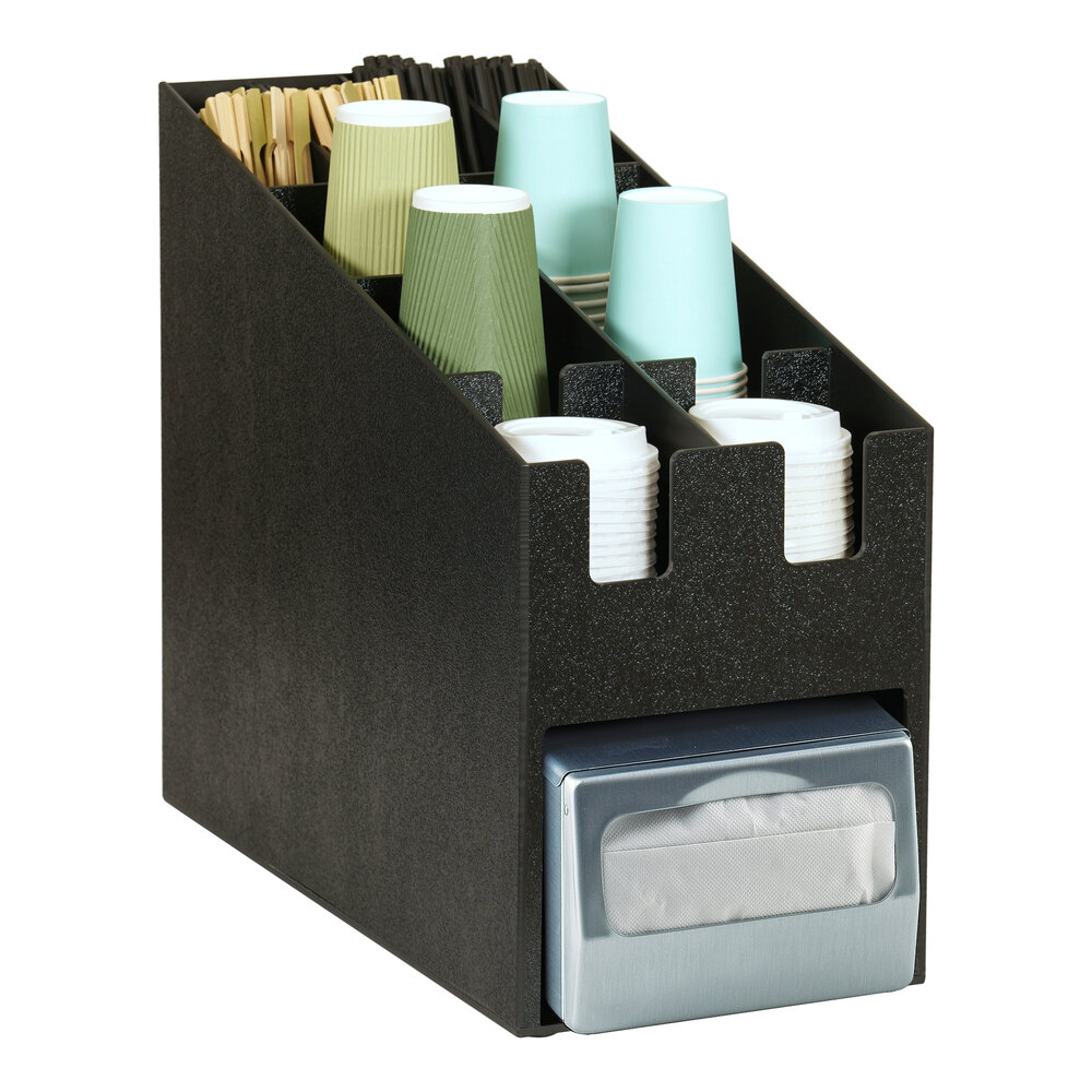Cal-Mil 2046 Classic Black Countertop Condiment, Cup and Lid Organizer with Napkin Dispenser Slot