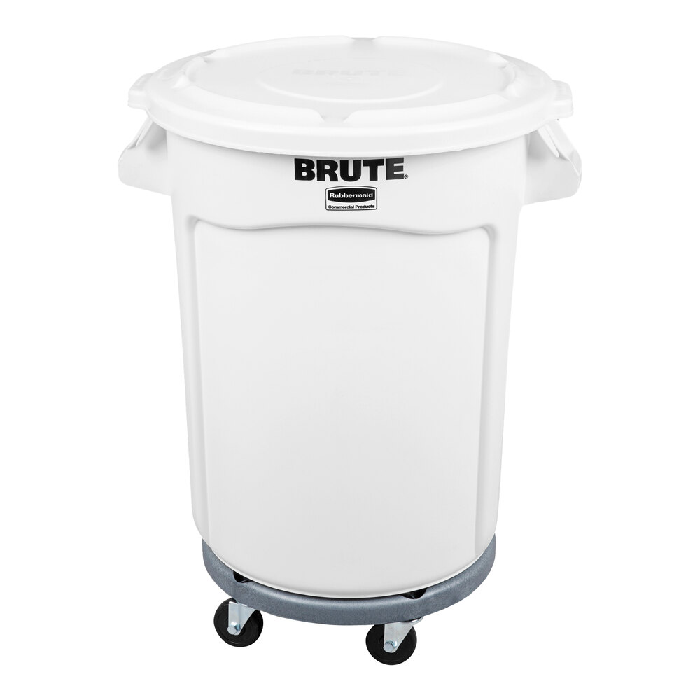 Rubbermaid® BRUTE 32 Gallon White Round Trash Can, Lid, and Dolly Kit