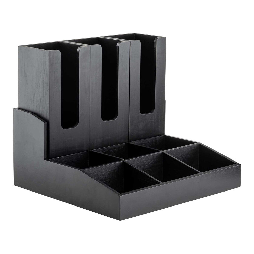 Tablecraft 15" x 14" x 7 1/2" 9-Compartment Black Bamboo Coffee Condiment Organizer with Removable Cup Holders