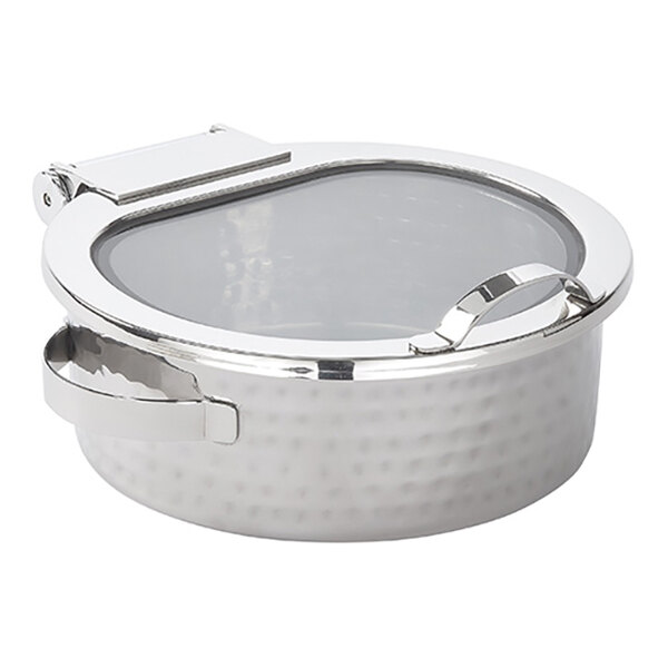 American Metalcraft Synergy 5 Qt. Hammered Stainless Steel Round Induction-Ready Chafer with Glass Top and Soft Close Lid SYNSRDHM13