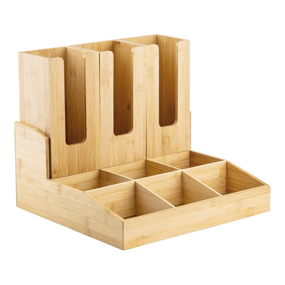 Tablecraft 15" x 14" x 7 1/2" 9-Compartment Bamboo Coffee Condiment Organizer with Removable Cup Holders