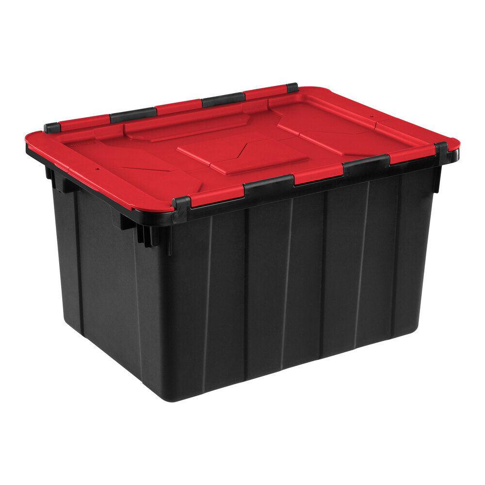 Sterilite 12 Gallon Black Industrial Storage Tote with Red Hinged Lid 14619006 - 6/Case