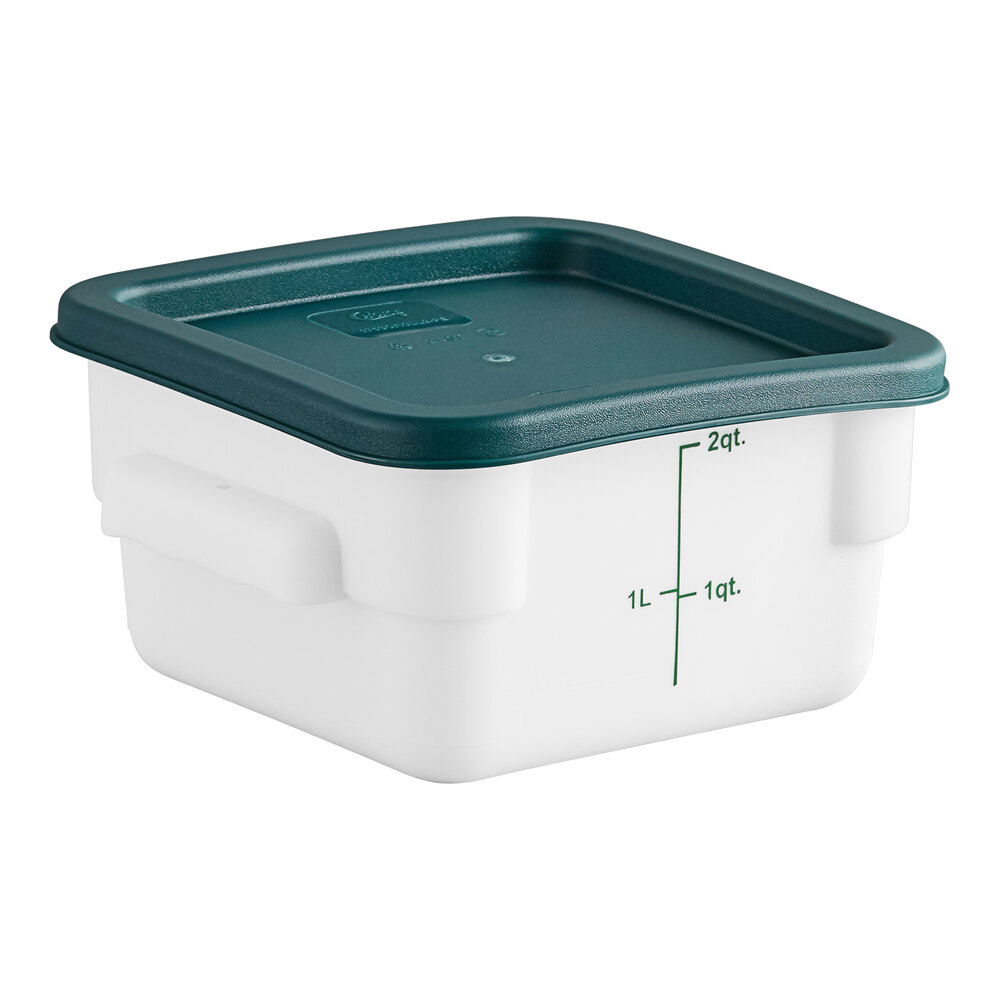 Choice 2 Qt. White Square Polypropylene Food Storage Container and Green Lid - 6/Pack