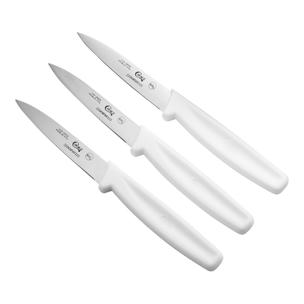 Choice 3 1/4" Smooth Edge Paring Knife with White Handle - 3/Pack