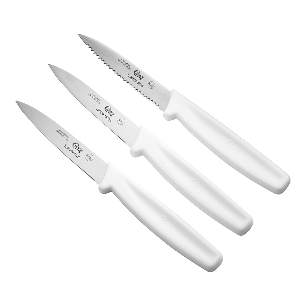 Choice 3 1/4" Paring Knife Set with 1 Serrated and 2 Smooth Edge Knives with White Handles