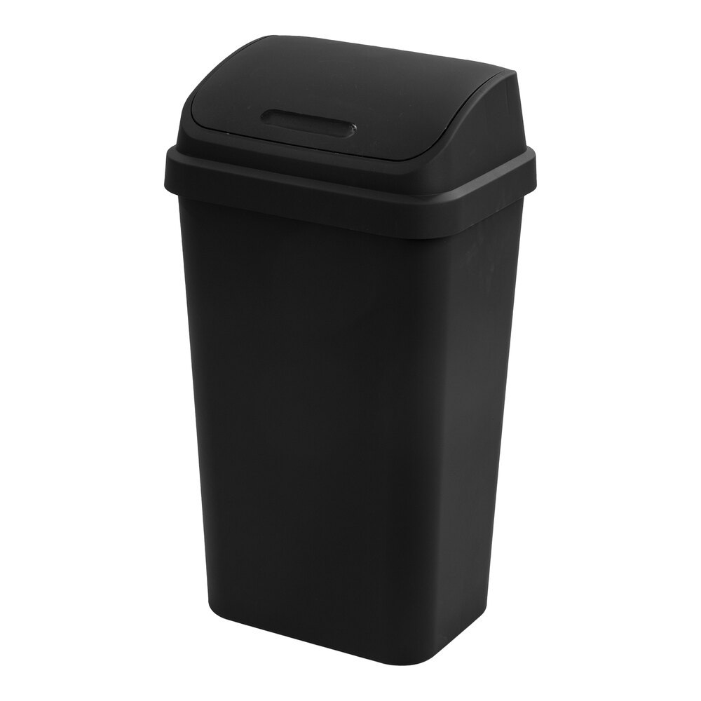 Sterilite 10899004 13 Gallon Black Rectangular Wastebasket with Swing-Top Lid - 4/Case