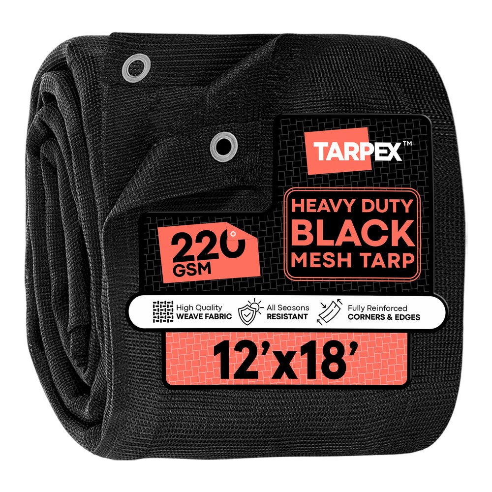 Tarpex 12' x 18' Black Heavy-Duty Weather-Resistant 6.5 oz. Multipurpose Polypropylene Mesh Tarp BMT-TA-1218