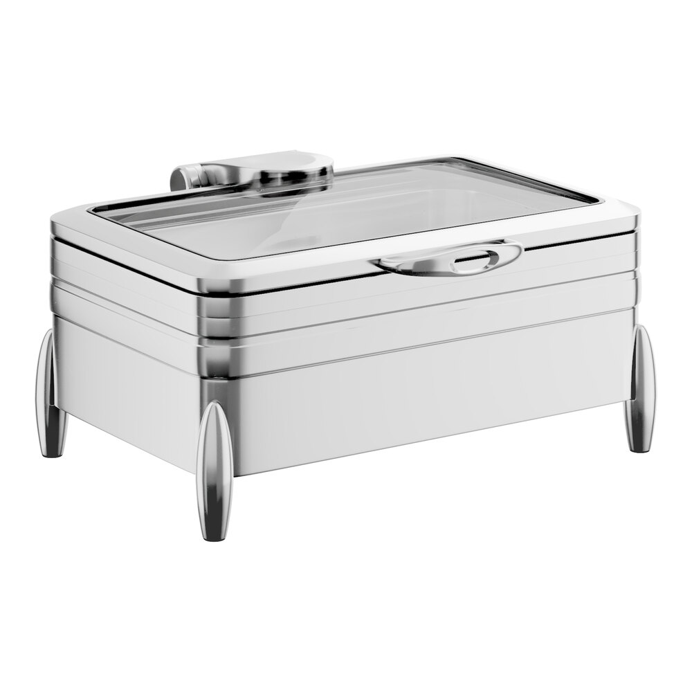 Acopa Manchester 8 Qt. Full Size Stainless Steel Induction / Traditional Dual Purpose Chafer with Glass Top, Soft Close Lid, and Stand with Fuel Holders
