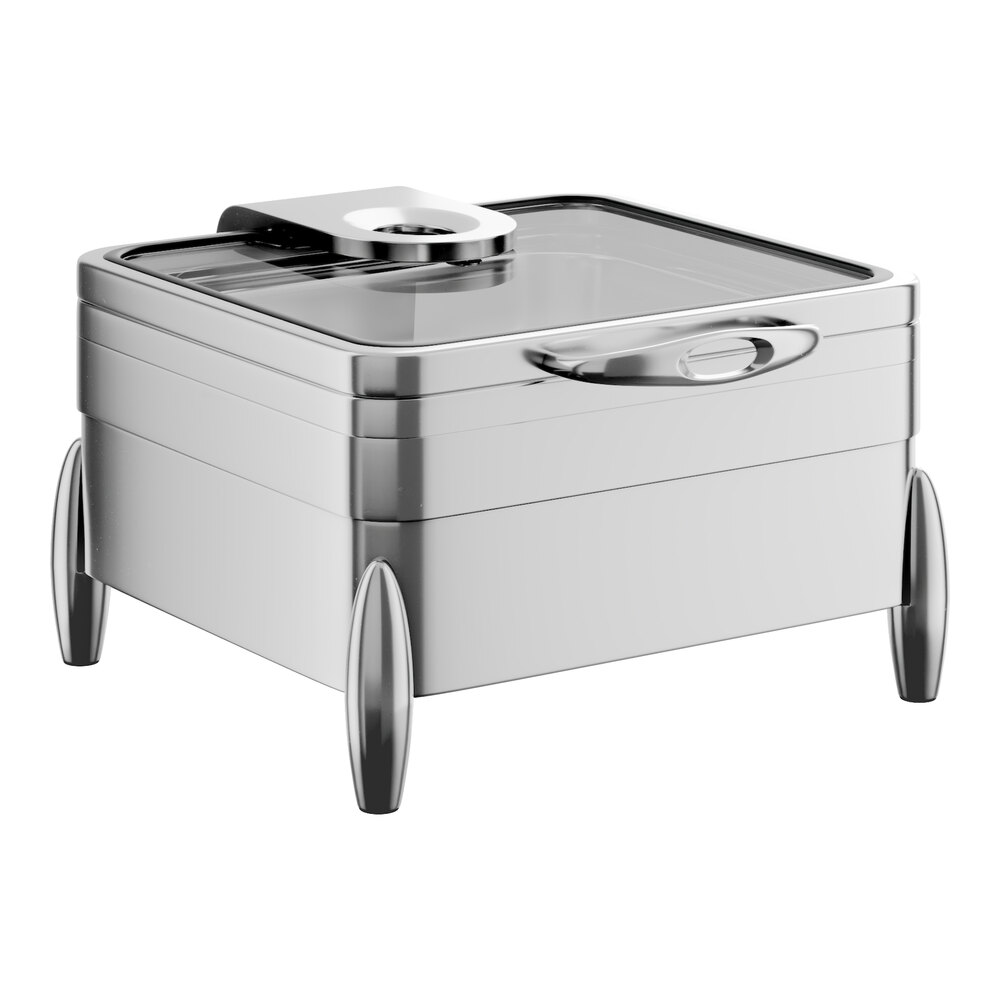 Acopa Manchester 6 Qt. 2/3 Size Square Stainless Steel Induction / Traditional Dual Purpose Chafer with Glass Top, Soft Close Lid, and Stand with Fuel Holders
