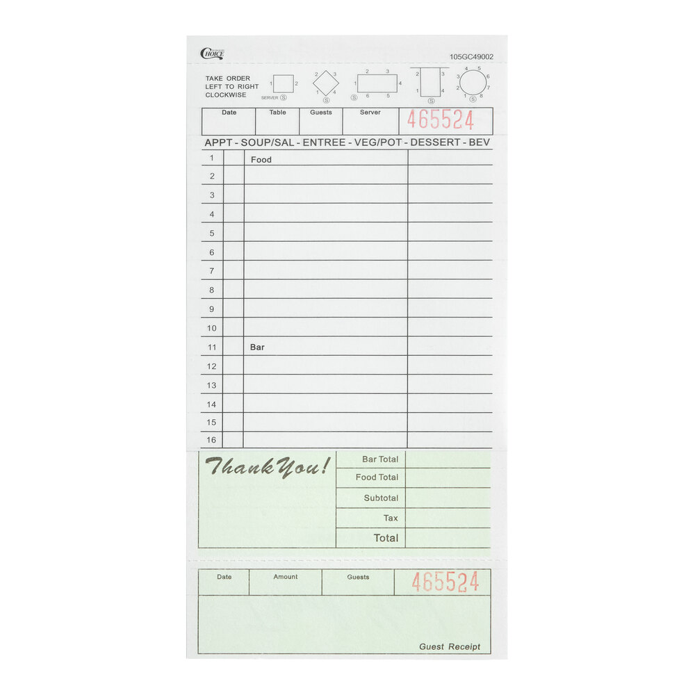 Choice 2 Part Segmented Green and White Carbonless Guest Check with Bottom Guest Receipt - 250/Pack