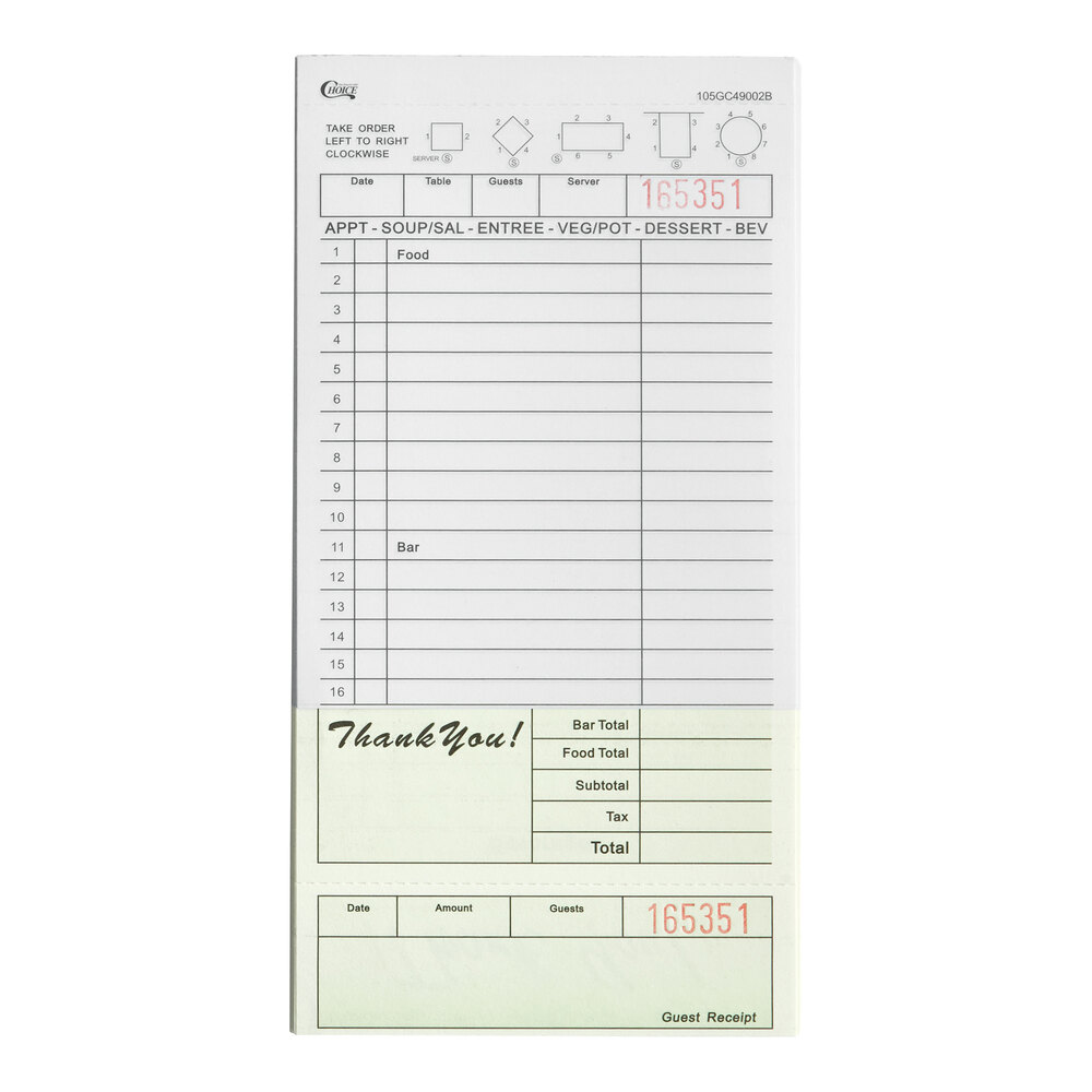 Choice 2 Part Segmented Green and White Carbonless Guest Check with Beverage Lines and Bottom Guest Receipt - 50/Case