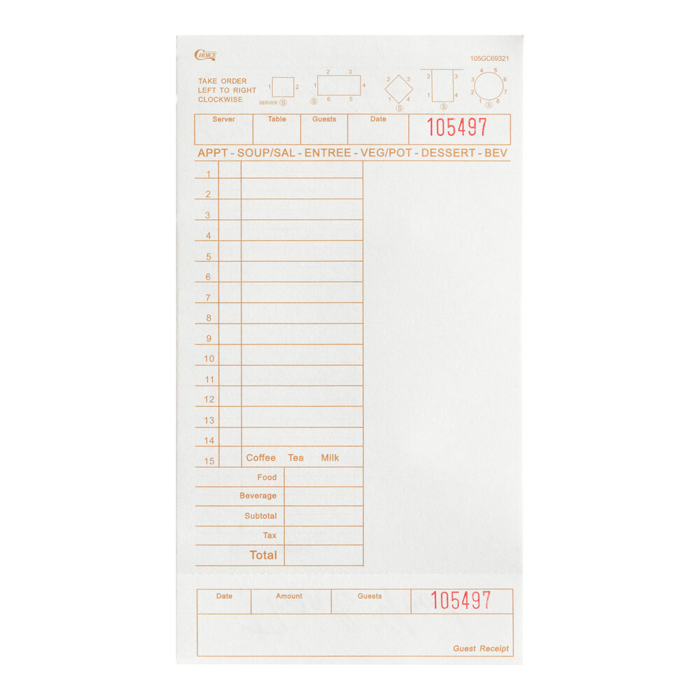 Choice 1 Part Tan and White Guest Check with Note Space, Beverage Lines, and Bottom Guest Receipt  - 2,000/Case