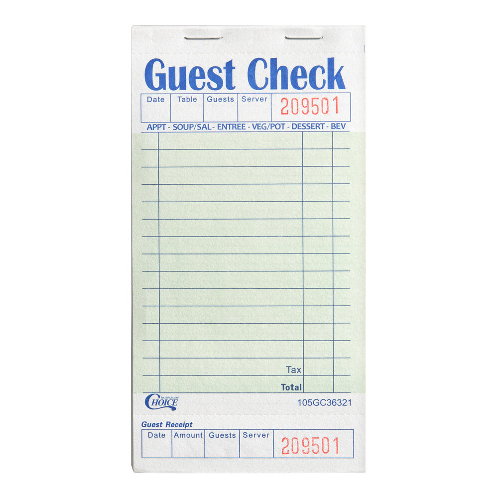 Choice 1 Part Green and White Guest Check with Bottom Guest Receipt - 50/Case