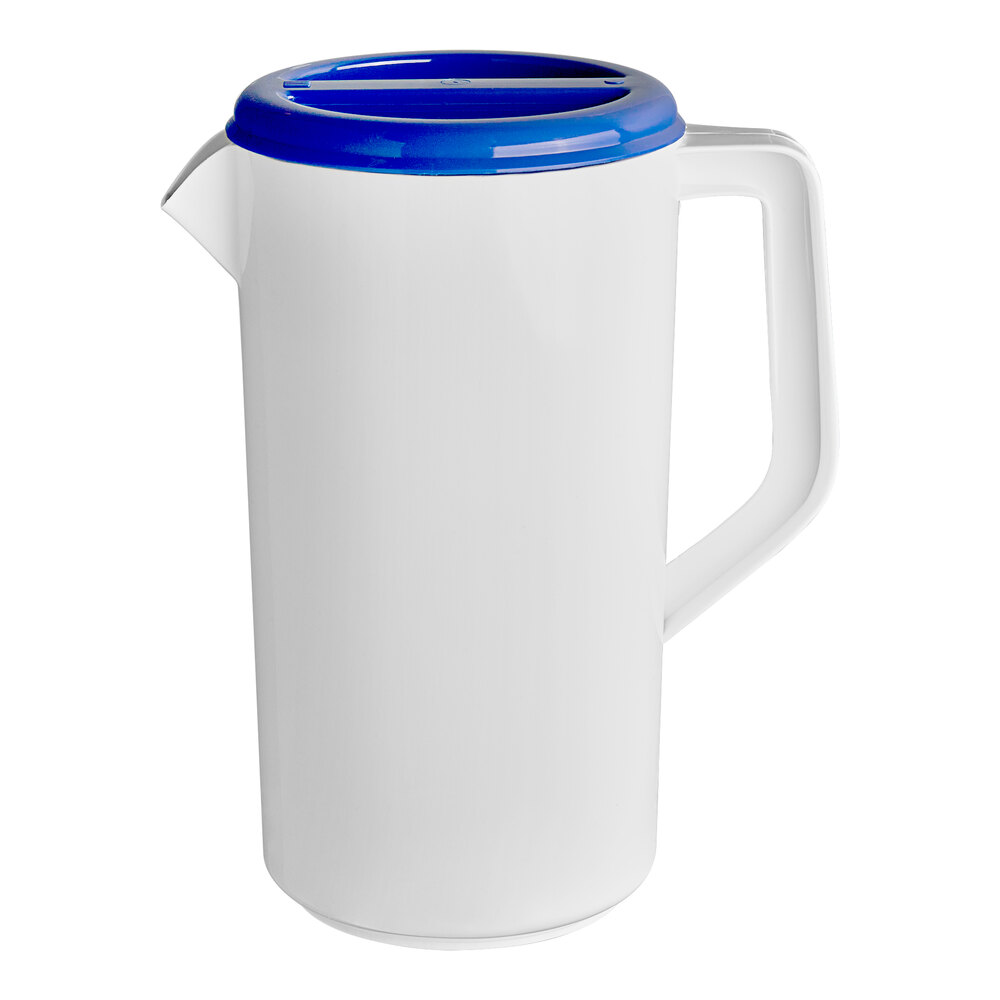 Tablecraft 2.5 Qt. White Polypropylene Plastic Pitcher with 3-Way Blue Sanitary Lid 144W - 12/Case