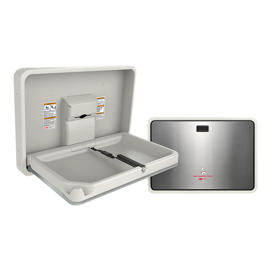 American Specialties, Inc. 10-9022 Cream / Stainless Steel Horizontal Surface-Mounted Baby Changing Station with Liner Dispenser and 1 Bag Hook