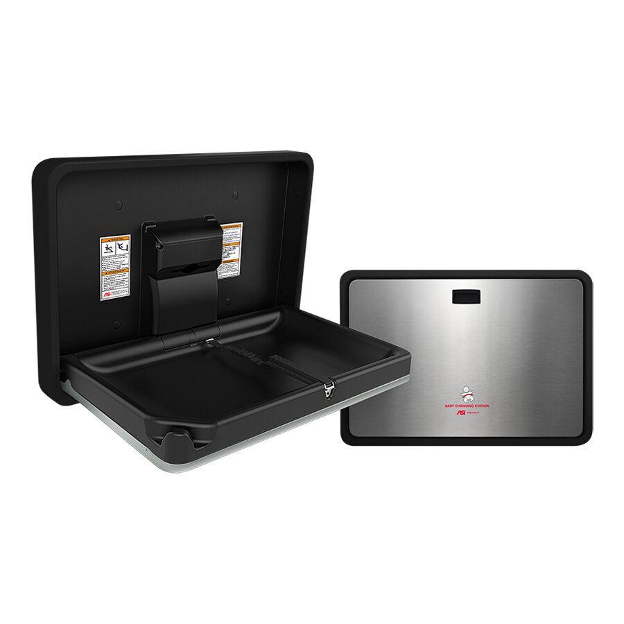 American Specialties, Inc. 10-9024-41 Matte Black / Stainless Steel Horizontal Surface-Mounted Baby Changing Station with Liner Dispenser and 1 Bag Hook