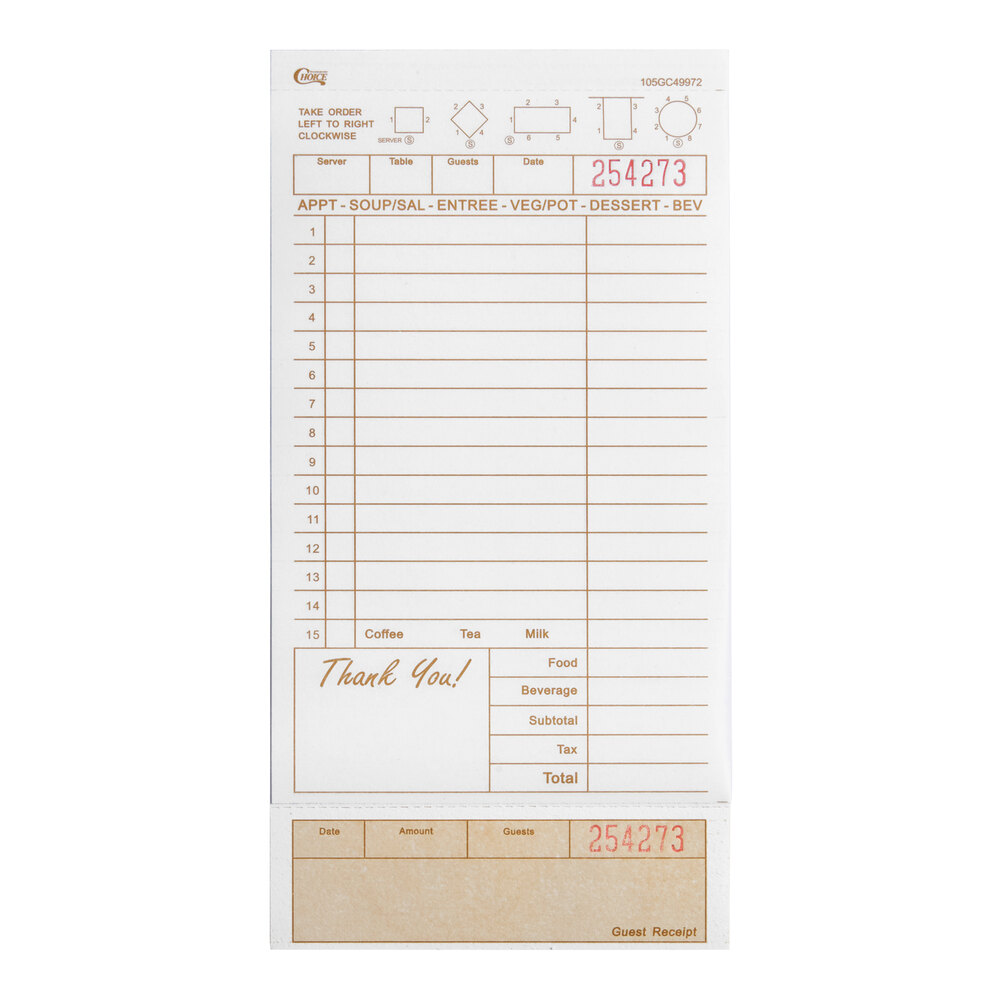Choice 2 Part Tan and White Carbonless Guest Check with Beverage Lines and Bottom Guest Receipt - 250/Pack