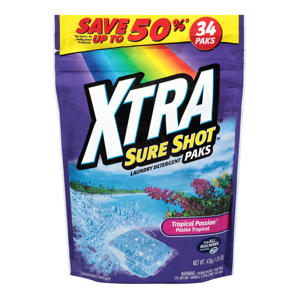 XTRA 34-Count Sure Shot Tropical Passion Powder Laundry Detergent Paks - 4/Case