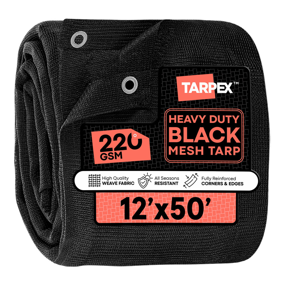 Tarpex 12' x 50' Black Heavy-Duty Weatherproof 6.5 oz. Multipurpose Mesh Tarp BMT-TA-1250