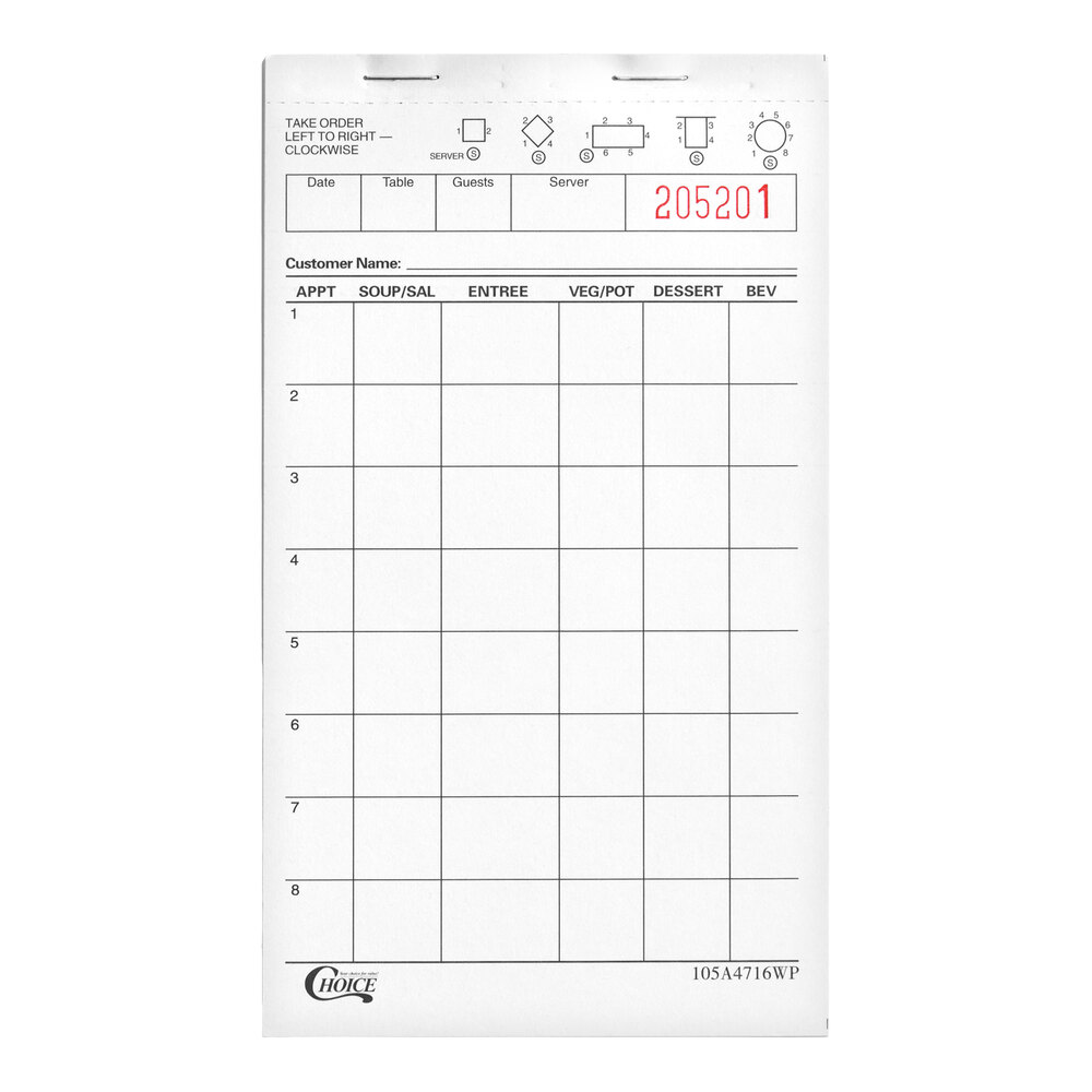 Choice 1 Part White Waiter / Waitress Order Pad  - 10/Pack