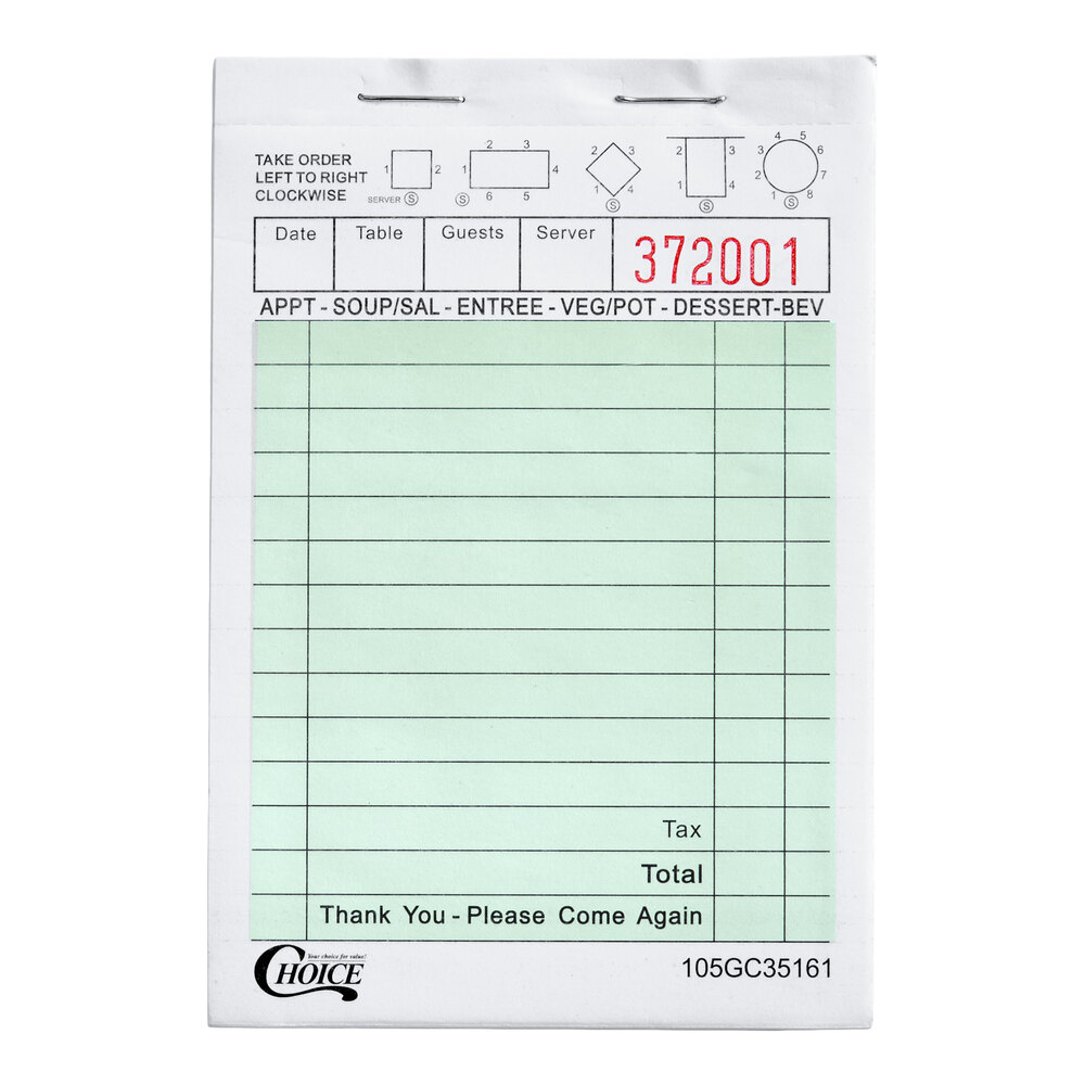 Choice 1 Part Green and White Guest Check  - 100/Case