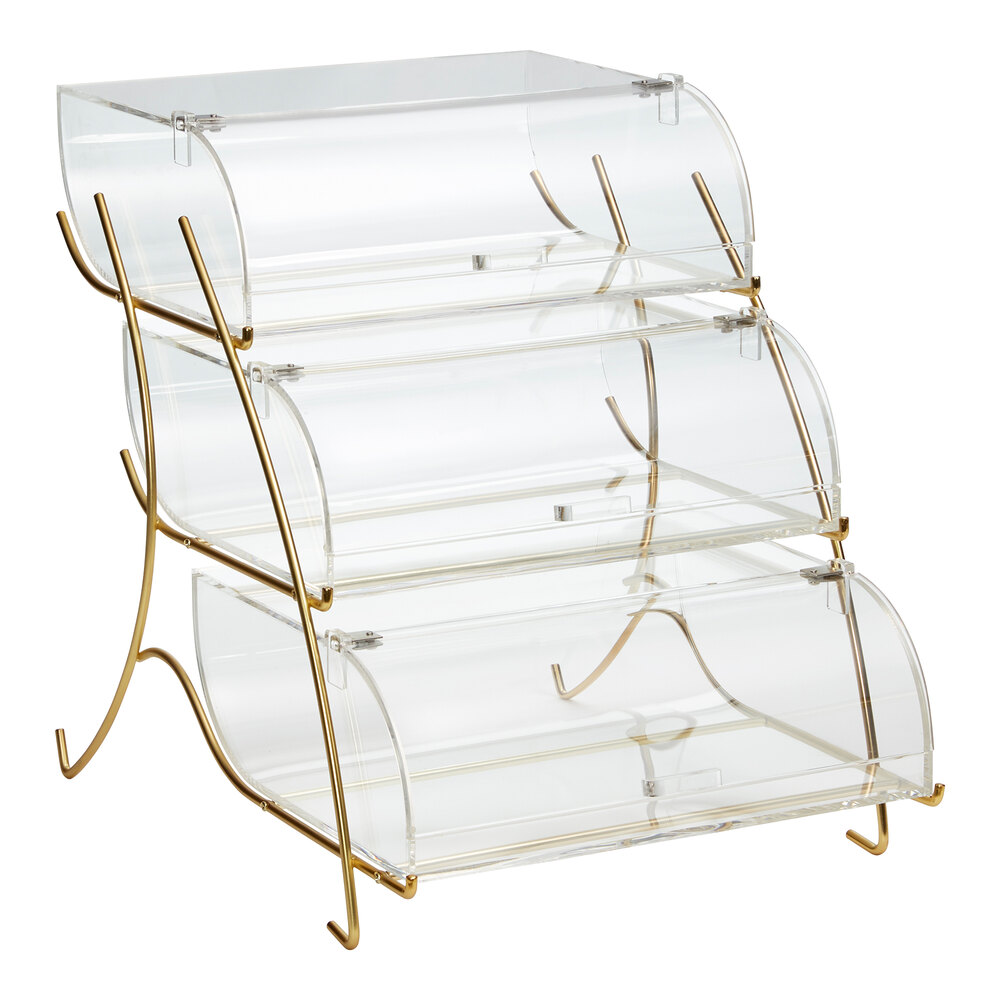 Rosseto BK021 Clear Acrylic Three-Tier Pastry Display Case with Brass Wire Stand - 21 7/8" x 15 3/4" x 19 1/4"