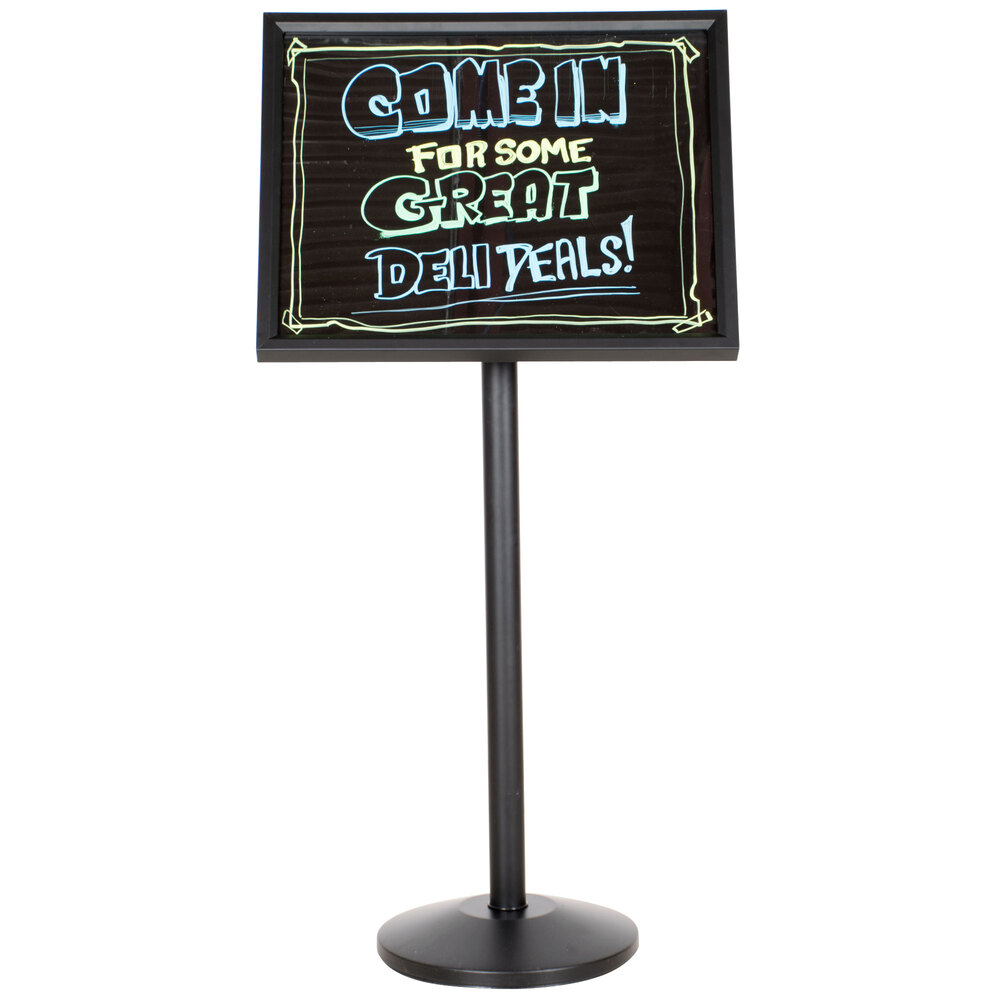 Aarco P-7BK Single Pedestal Black Frame Black Marker Board with Neon Markers