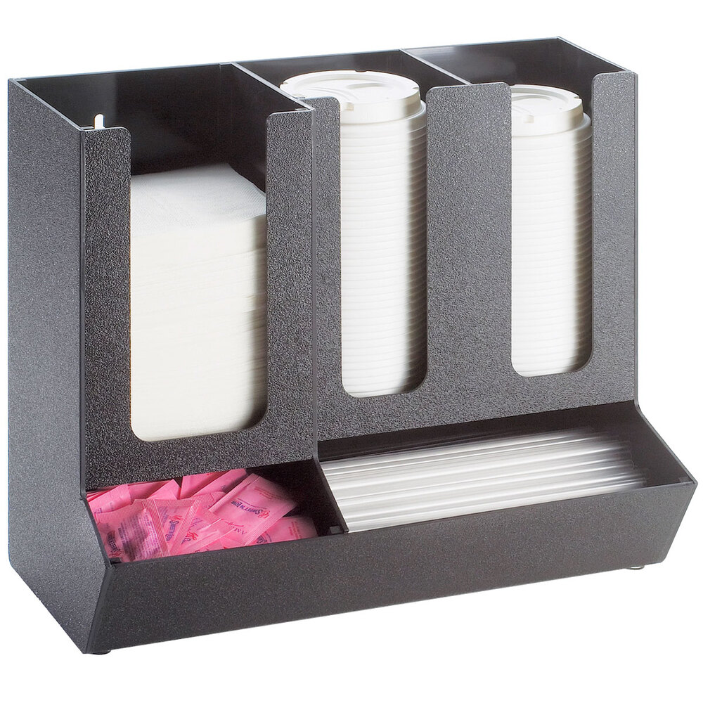 Cal-Mil 1013 Classic Black 3-Section Countertop Cup and Lid Organizer with Straw and Condiment Compartments