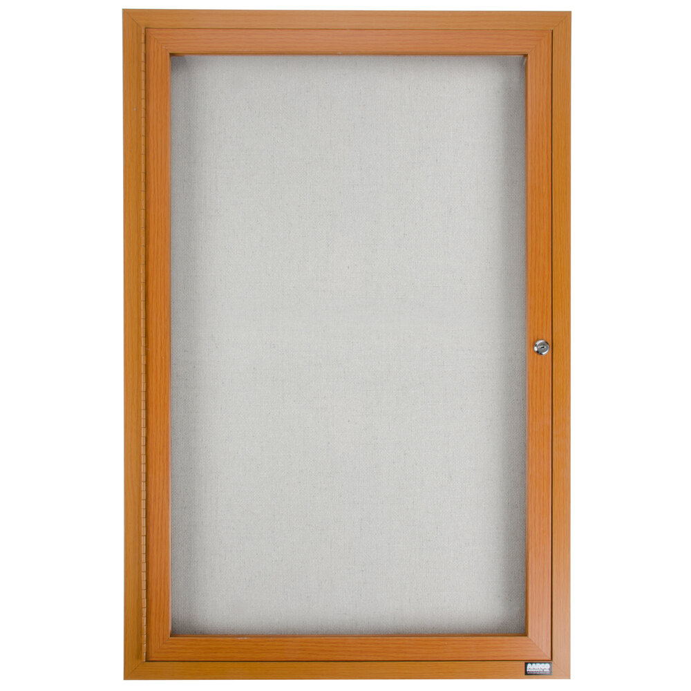 Aarco LWL3624O 36" x 24" Oak Finish Locking Lighted Bulletin Board Cabinet