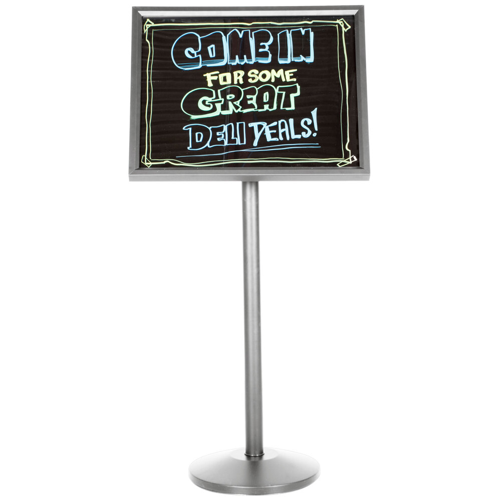 Aarco P-7C Single Pedestal Chrome Frame Black Marker Board with Neon Markers
