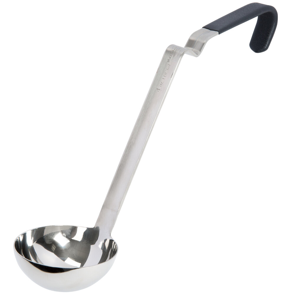 Vollrath 4980422 Jacob's Pride® 4 oz. One-Piece Stainless Steel Ladle with Ergo Grip Black Kool-Touch® Handle