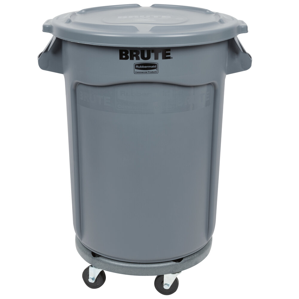 Rubbermaid® BRUTE 32 Gallon Gray Round Trash Can, Lid, and Dolly Kit
