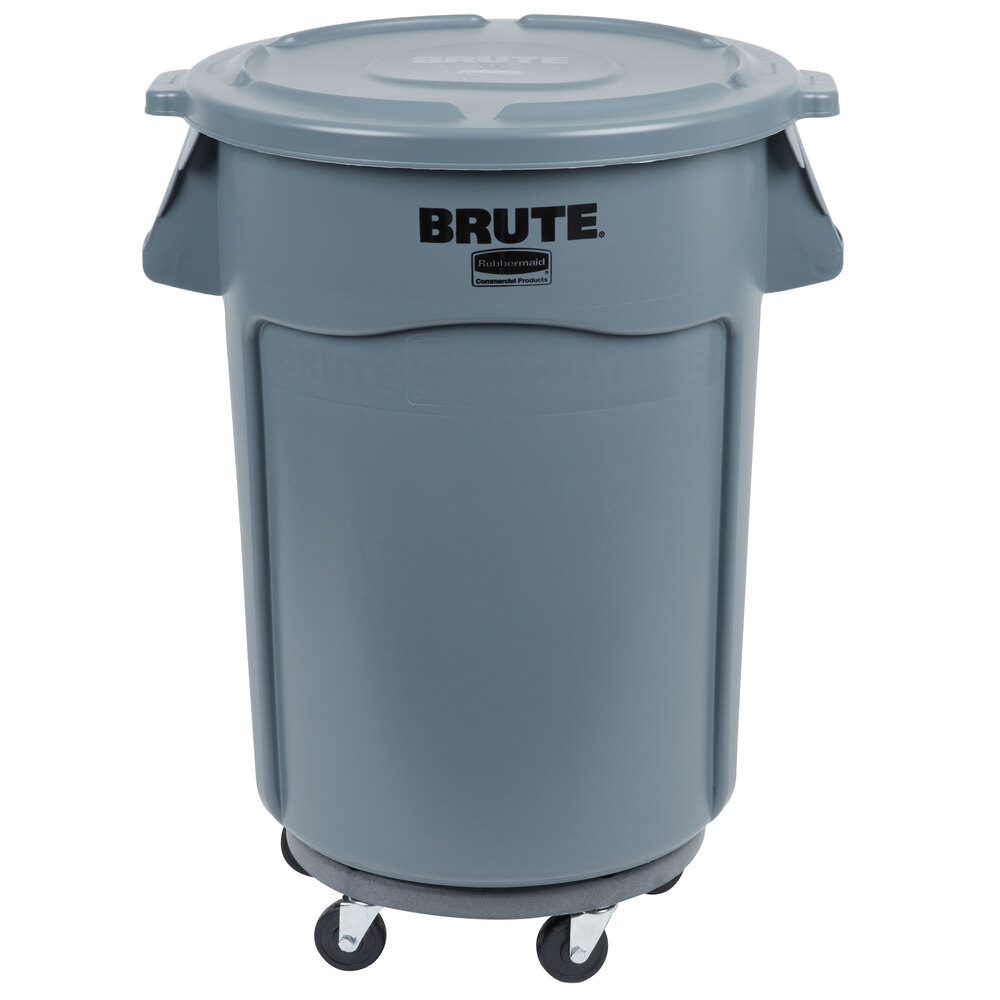 Rubbermaid® BRUTE 44 Gallon Gray Round Trash Can, Lid, and Dolly Kit