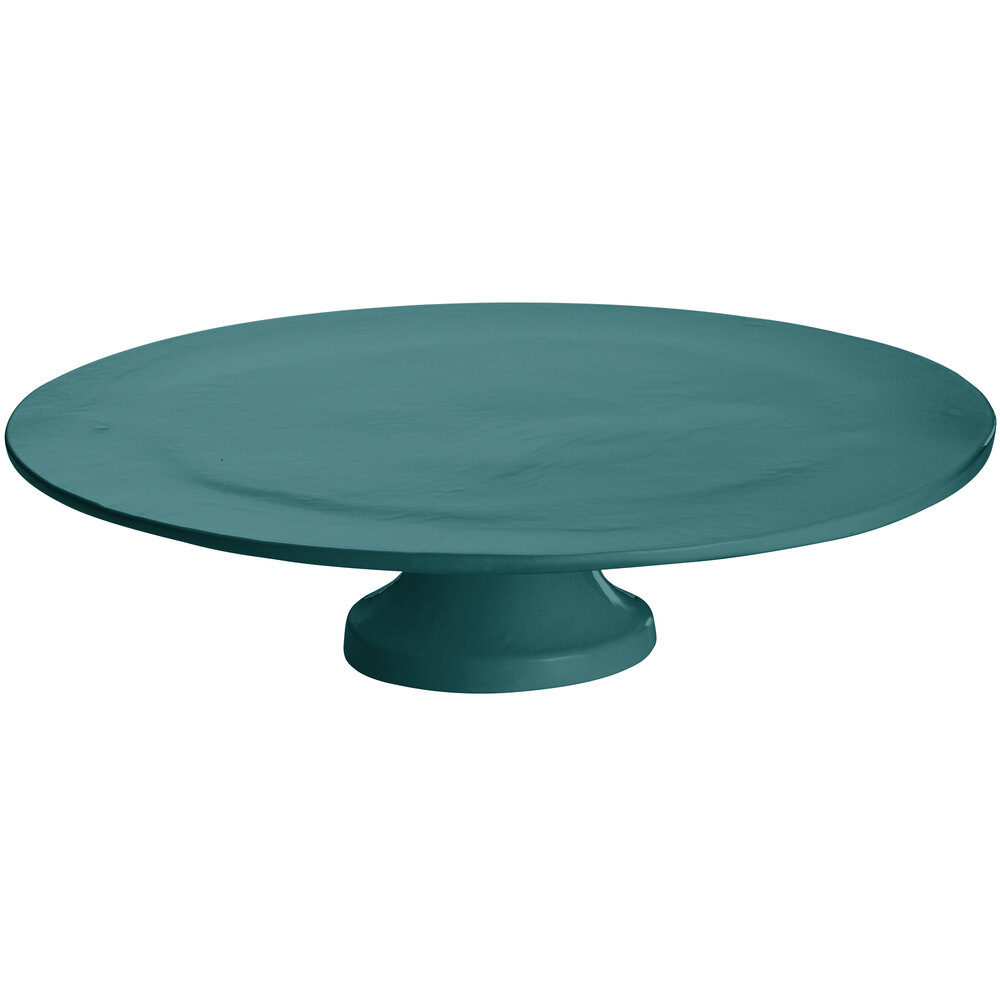 Tablecraft CW17005HGN 14" x 4" Hunter Green Cast Aluminum Round Platter with Cake Stand