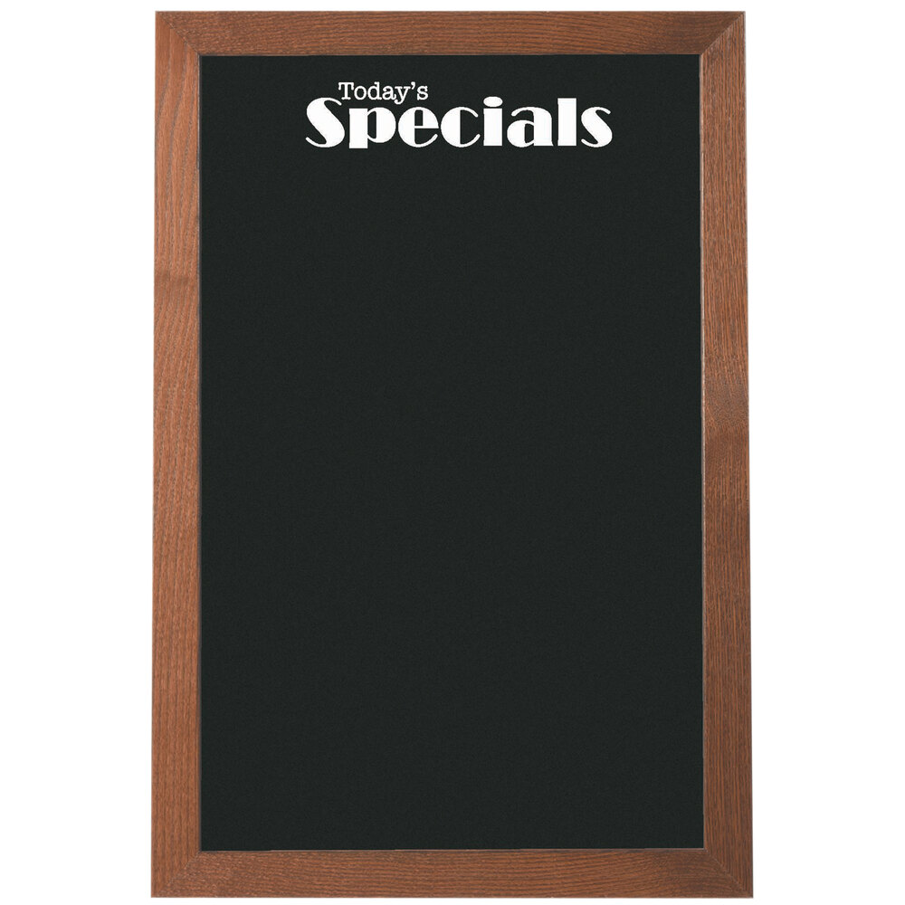 Aarco OBKGB3624S 36" x 24" Black Glass Menu Board with Walnut Stained Solid Oak Wood Frame and Today's Specials Decal