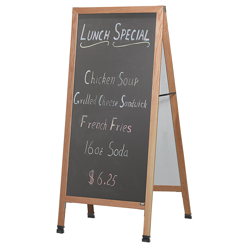 Aarco LA1B 68" x 30" Solid Oak Wood A-Frame Sidewalk Board with Black Composition Chalk Board