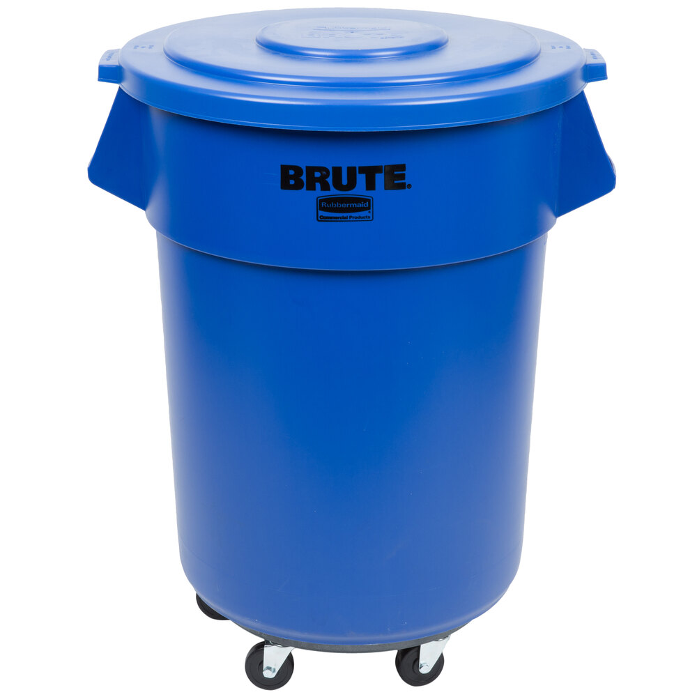 Rubbermaid® BRUTE 55 Gallon Blue Round Trash Can with Lid and Dolly