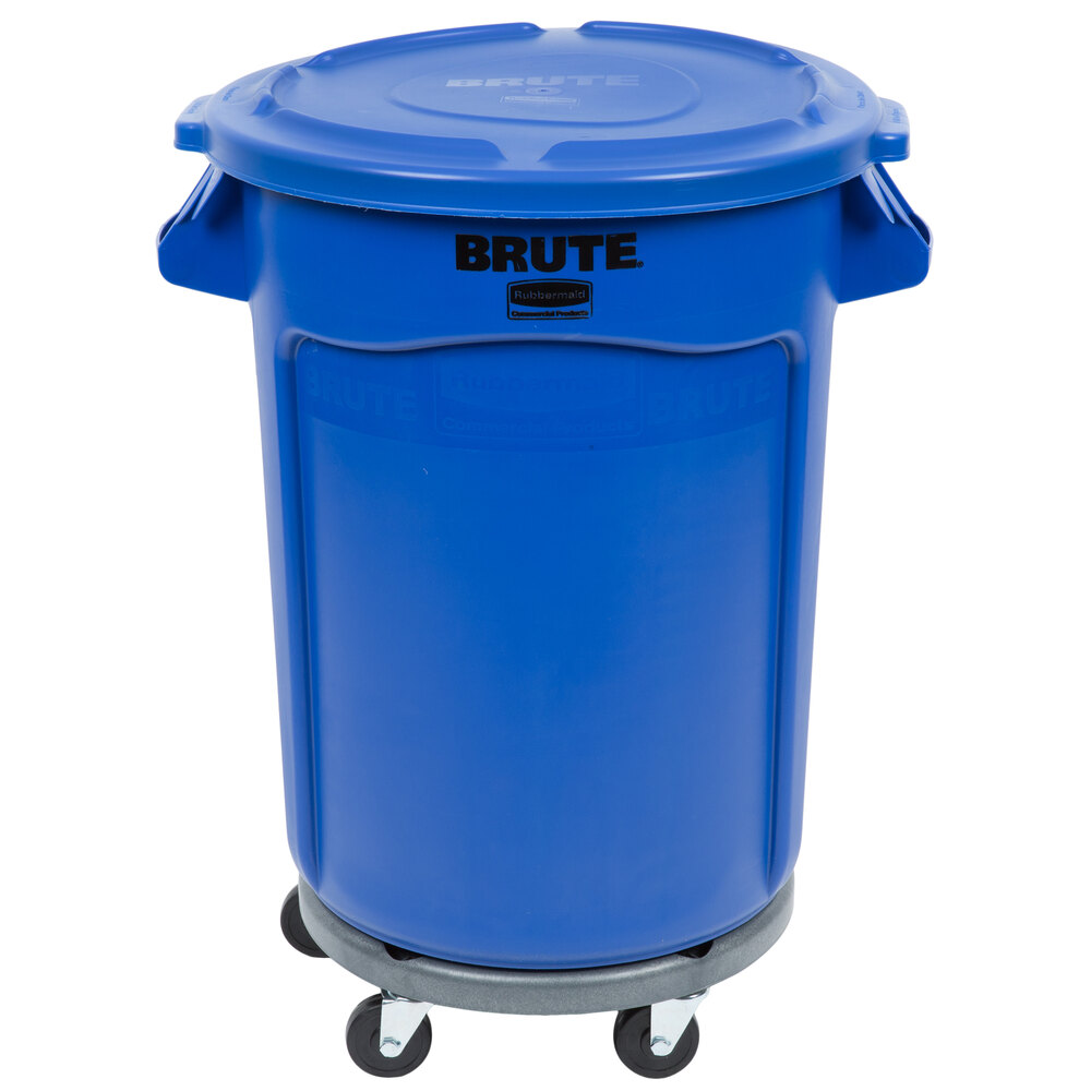 Rubbermaid® BRUTE 32 Gallon Blue Round Trash Can with Lid and Dolly