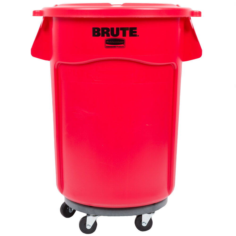 Rubbermaid® BRUTE 44 Gallon Red Round Trash Can with Lid and Dolly
